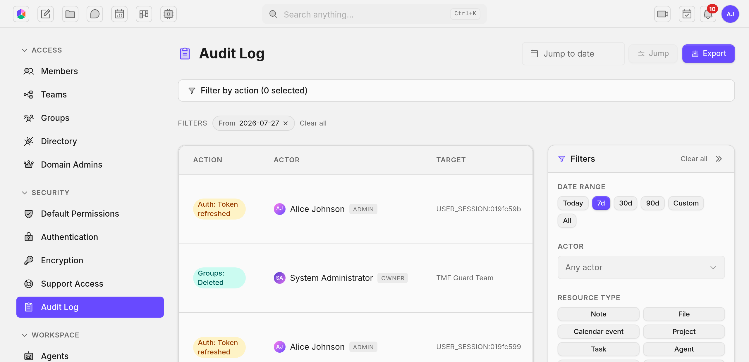 Audit log page showing the filter rail, the action filter, and the event table