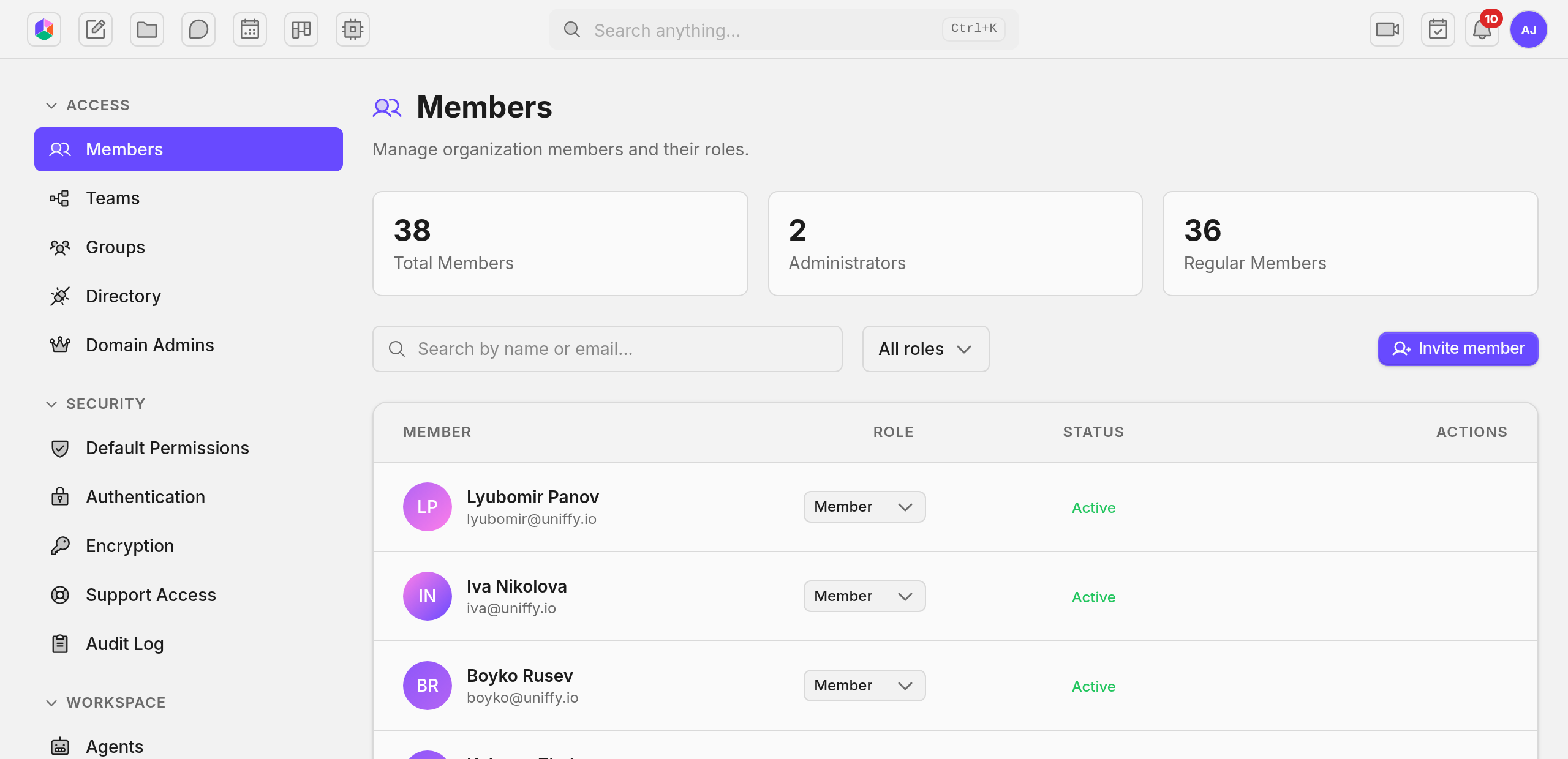 Members page showing the three counter cards, the search and role filter, and the roster with a role dropdown on every row